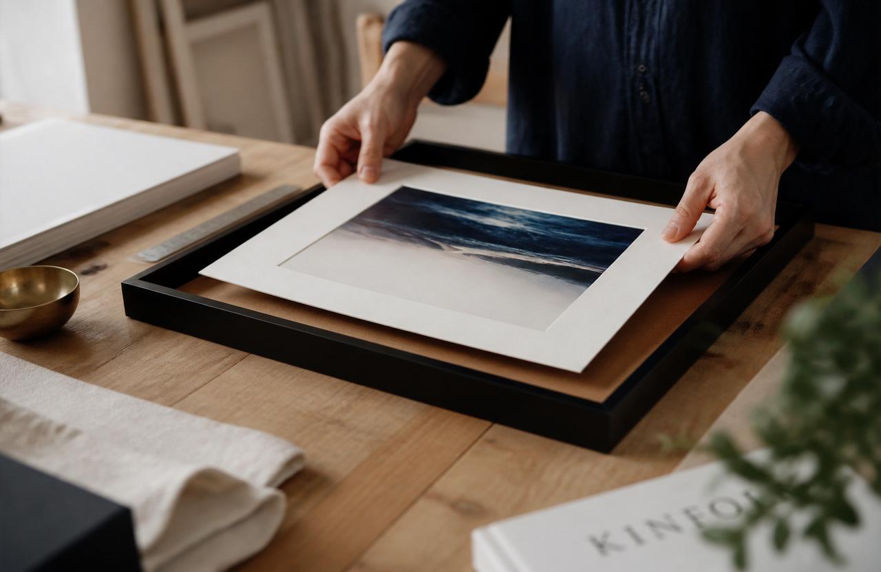 Hände legen einen Fine-Art Print mit weißem Passepartout in einen matten schwarzen A3+ Bilderrahmen aus Kiefernholz