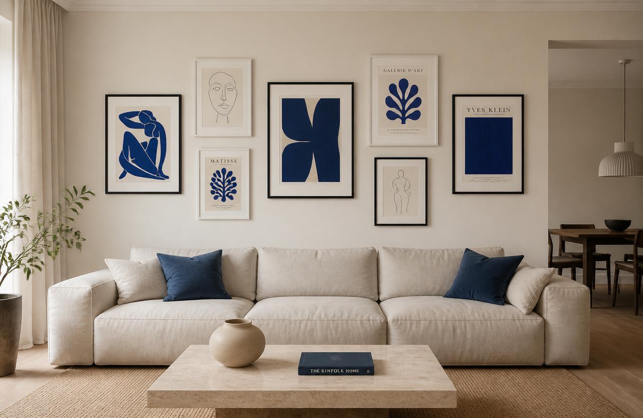 Gallery Wall mit A3+ Bilderrahmen in Schwarz und Weiß über einem beigefarbenen Sofa in einem hellen Wohnzimmer